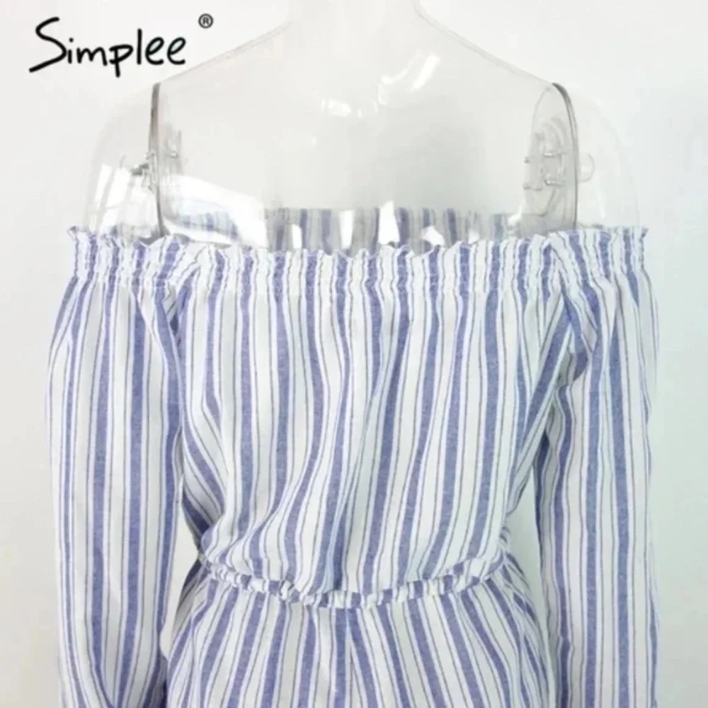 Simplee Apparel Blue And White Pinstripes Off the Shoulder Romper Women L